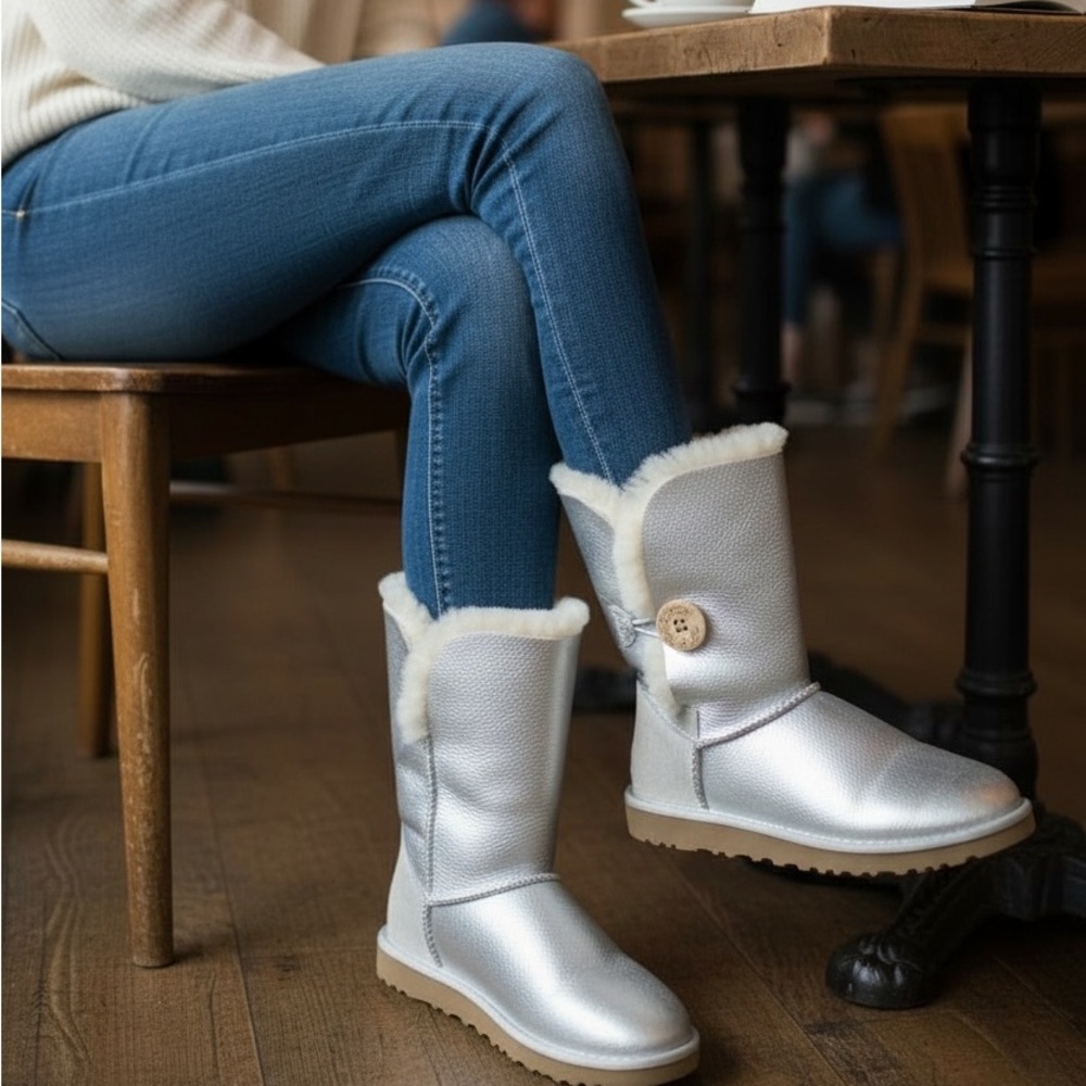 Ugg Mini Silver Metallic Glitter Button Boot Size 6